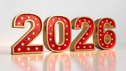 3d red marquee numbers forming the year 2026