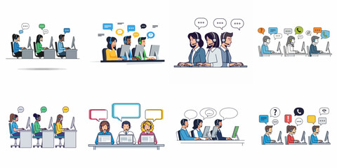 Diverse Set of Call Center Agents and Customer Support Teams Illustrations. Vector Collection of Online Service, Technical Assistance, and Communication Concepts.