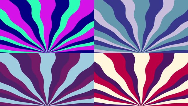Animated four colorful abstract radiating designs dynamically burst from a square format looping endlessly.