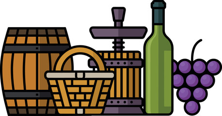 Wine making illustration set featuring wooden barrel, grape basket, wine press, glass bottle, and fresh grape bunch in bold vector style