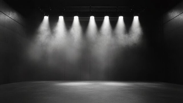 Dark empty concrete stage with multiple bright spotlights piercing through a smoky atmosphere, creating an intense isolated lighting effect for a performance or presentation