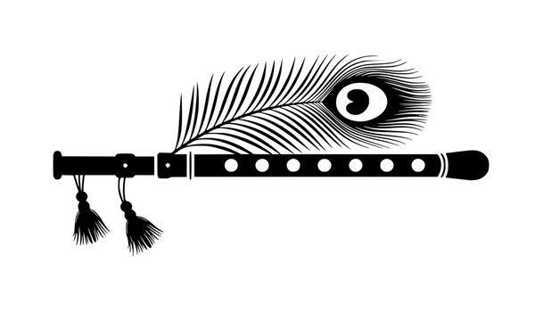 Lord Krishna's Flute and Peacock Feather Icon, Traditional Indian Bansuri Musical Instrument and Mayur Pankh Silhouette Vector Illustration, Black and White Graphic for Religious and Cultural Designs