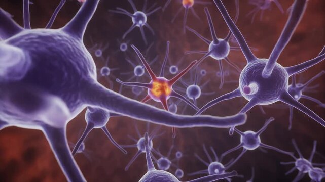 Microscopic view of interconnected neurons and cellular pathways, abstract scientific visualization