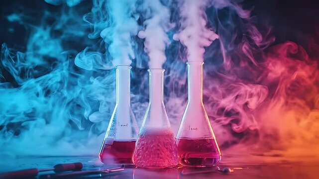 Three glass laboratory flasks with pink liquid and white vapor swirling around them illuminated by dramatic red and blue neon lights on a dark background in a science experiment setting