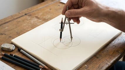 Person Using Compass for Technical Drawing on Paper.