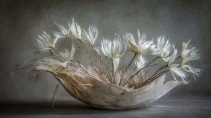 A handmade basket with delicate white flowers in elegant studio setup
