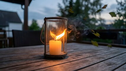 Lit Candle in Glass Holder on Wooden Surface.