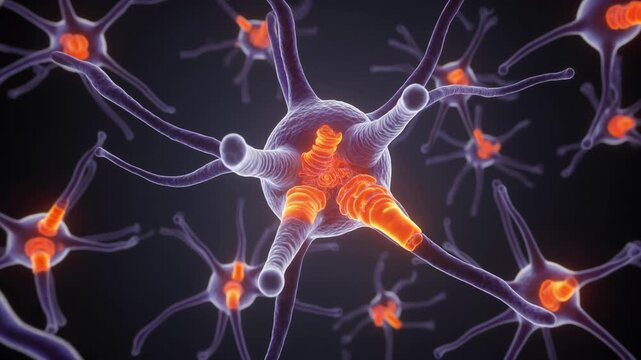 Animation of interneurons undergoing proteolytic cleavage with camera zoom