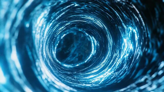 Abstract blue energy funnel forming a dynamic swirling vortex, creating a mesmerizing tunnel of light and fluid motion, suggesting concepts of speed, flow, and digital technology