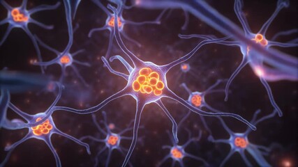 Close-up animation of neurons undergoing NEDD8 conjugation, with camera zoom effect - Powered by Adobe
