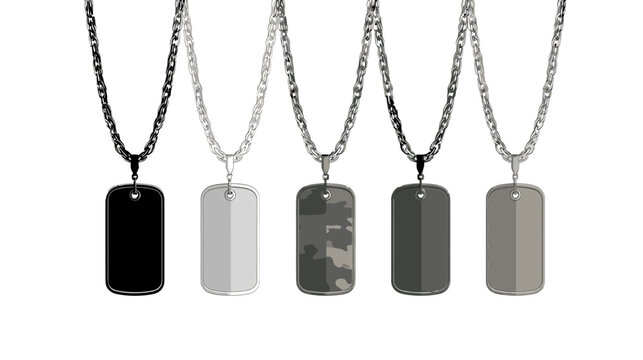 Set of five blank military dog tag necklaces with chains in black, grey, and camouflage designs, isolated on white background.