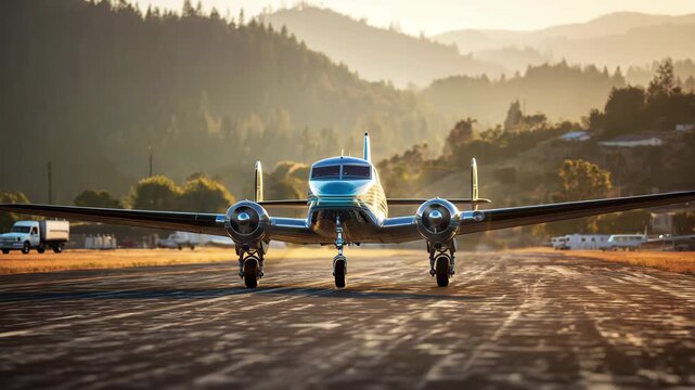 Vintage twin-engine airplane on a at sunrise aircraft retro
