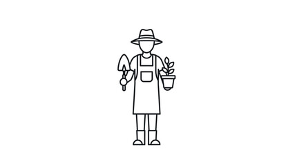 Gardener with plant and watering can a simple black and white line drawing