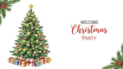 Watercolor Christmas Tree with Gifts Welcome Christmas Party Invitation Card Design