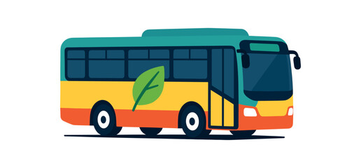 Flat vector illustration of colorful city bus with vivid eco leaf symbol rounded edges minimalistic look