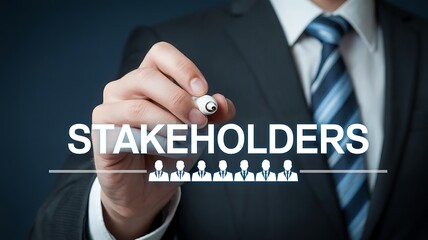 Businessman in a suit points to the word 'STAKEHOLDERS' with an icon representing a team of people.