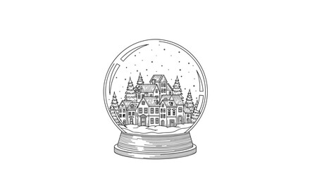 A hand-drawn line art illustration of a Christmas snow globe containing a cozy winter village with trees and falling snow.