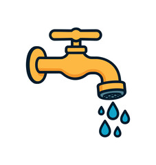 Flat vector illustration of bright watersaving faucet with aerator and bold small droplets rounded shapes clean outline clean white background water conservation