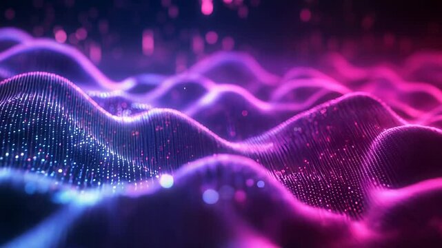 Abstract digital sound wave field generating dynamic glowing particles creating a vibrant technological background representing data flow and futuristic concepts