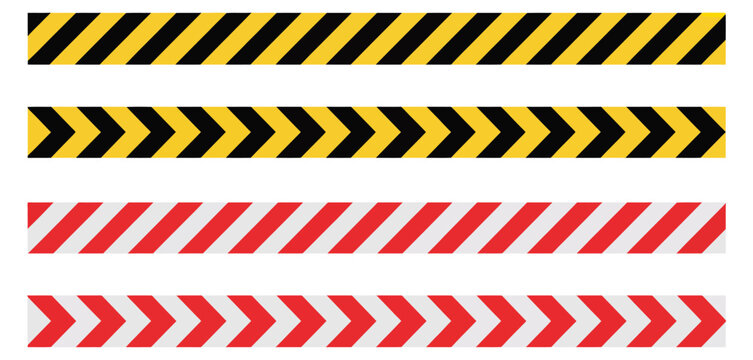 Barricade tape vector, caution warning stripes in red, white, black, and yellow, diagonal pattern, repeatable seamless illustration for safety hazards, construction sites, industrial safety, warning s