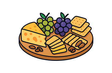 Flat vector illustration of bright cheese board with vivid grapes crackers and nuts rounded shapes clean outline clean white background