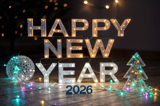 Glass inscription "Happy New Year in the Lights" - Powered by Adobe