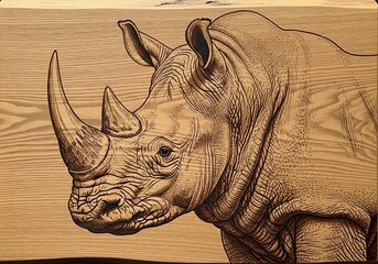Fototapeta premium Pyrography art of rhinoceros head portrait with big horn on light wood grain texture board
