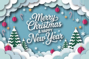Merry Christmas and Happy New Year Paper Cut Style Illustration - Winter Holiday Composition with Christmas Trees, Ornaments, Snowflakes, Candy Canes & Festive Greeting Card Background