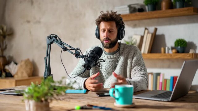Man with Headphones Recording Podcast with Microphone image photo