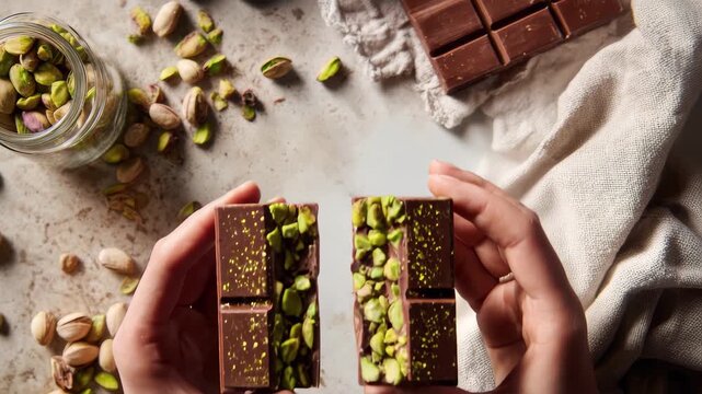 Hands holding two halves of a chocolate bar with pistachios and scattered nuts broken