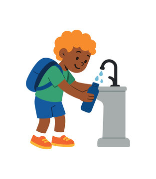 Flat vector illustration of bright kid refilling reusable bottle at drinking fountain rounded figures clean outline clean white background