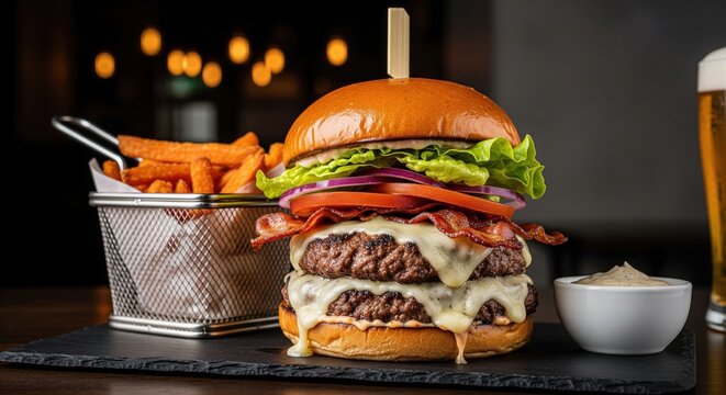 Juicy double bacon cheeseburger with sweet potato fries and dipping sauce on slate board in pub - Powered by Adobe