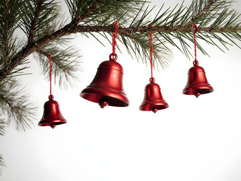 Red Christmas Bells and Festive Ornaments on Spruce Branches for Winter Celebration