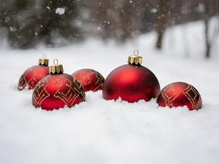 Festive Christmas Ornaments and Decorations: Shiny Red and Gold Designs with Snowy Winter Wonderland Scene