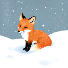 Cute Fox in Snowy Forest - Winter Wildlife Illustration Art with Orange Fur and Scenic Background