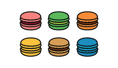 Flat vector illustration of colorful macarons set with bold different flavors rounded shapes clean outline clean white background