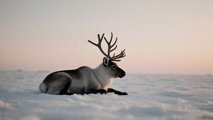 Majestic Wild Reindeer in Snowy Arctic Landscape: Tranquil Animal Portrait