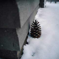 Winter Pinecone Closeup in Snowy Outdoor Nature with Rustic Frost Texture