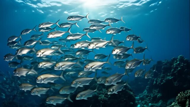 School Of Silver Fish Swimming In Blue Ocean Sunlight Rays Underwater Scene