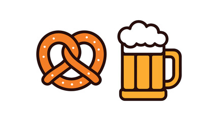 Flat vector illustration of colorful Oktoberfeststyle pretzel and beer mug icons ( ) rounded shapes clean outline clean white background