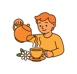 Flat vector illustration of bright person preparing chamomile tea: teapot pouring into cup bold steam lines rounded shapes clean outline clean white background
