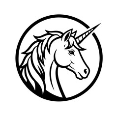 Badge Style Unicorn Head Logo, Circular Emblem, Clean Borders, Vector Illustration