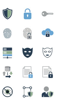Security Icons Set - Shield, Lock, Key, Fingerprint, Cloud, Server, Mask, Data, Eye, Network, User.