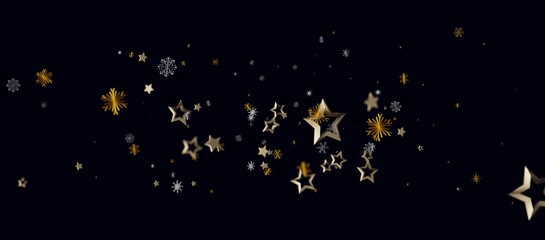 Festive gold stars and snowflakes floating against a dark background, perfect for holiday greetings, Christmas o © vegefox.com