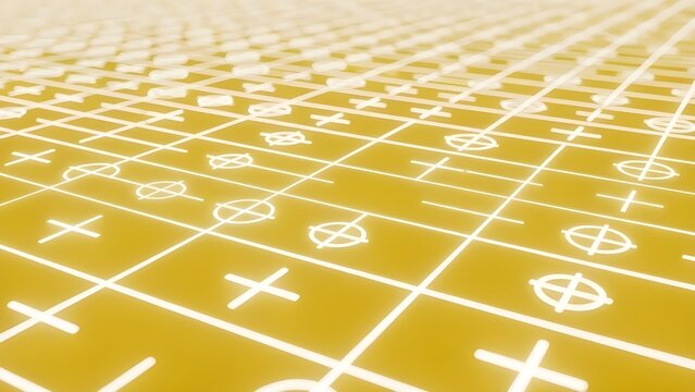Abstract yellow grid with glowing white plus and circle symbols receding into the distance - Powered by Adobe