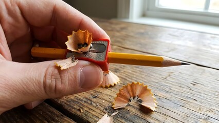 Hand Holding Pencil and Sharpener on Wooden Surface.