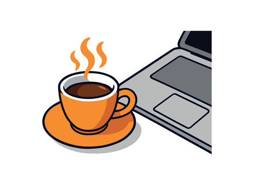 Flat vector illustration of bright cup of espresso next to laptop trackpad with vivid steam curls rounded shapes clean outline clean white background