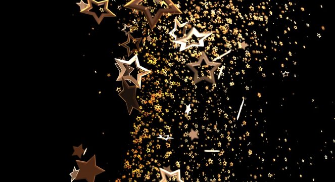 Dynamic image of golden stars and confetti raining down on a black backdrop. Perfect for holiday themes, celebrations, and f