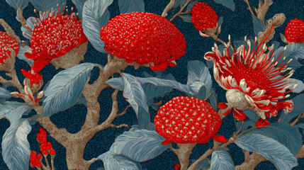 Red Banksia Floral Textile Blue Leaf Pattern Art
