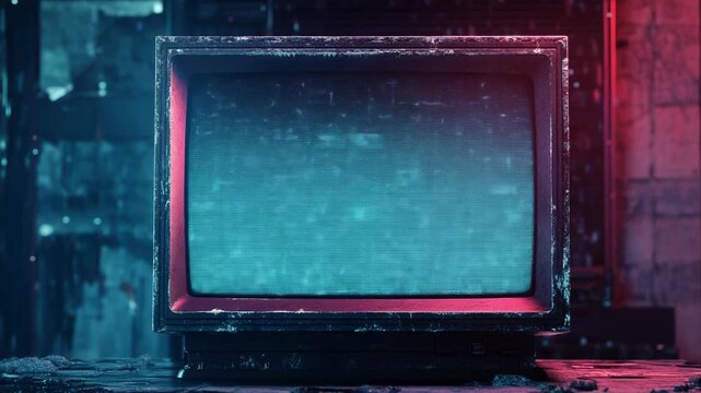 Retro crt monitor with blue static and red neon reflections on a grimy surface, evoking a dark, dystopian cyberpunk scene of glitchy broadcast, surveillance, and decay